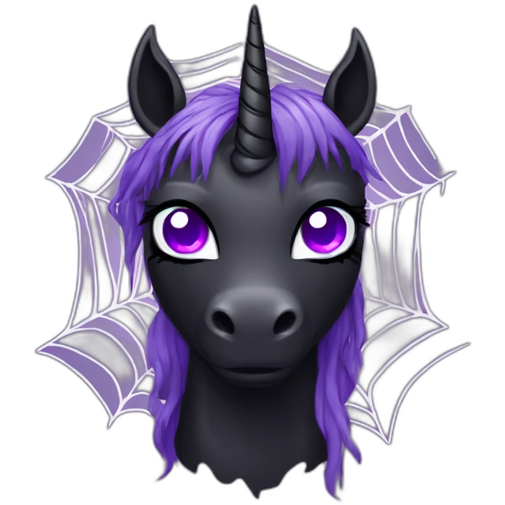 Spooky black unicorn with purple eye and white spider webs emoji