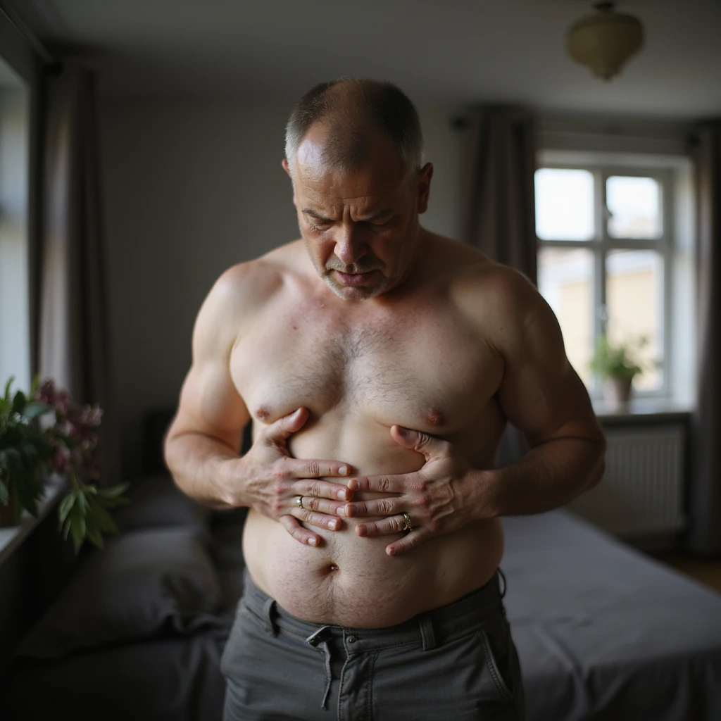 realistic 4K man squeezing his belly with hands, expression of hatred towards his belly, domestic environment, natural light emoji