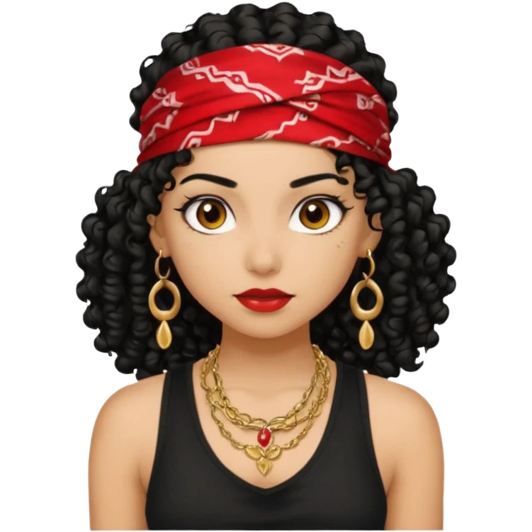 Baddie girl with black  tank top curly hairss and bandana and jwellery face only not body emoji