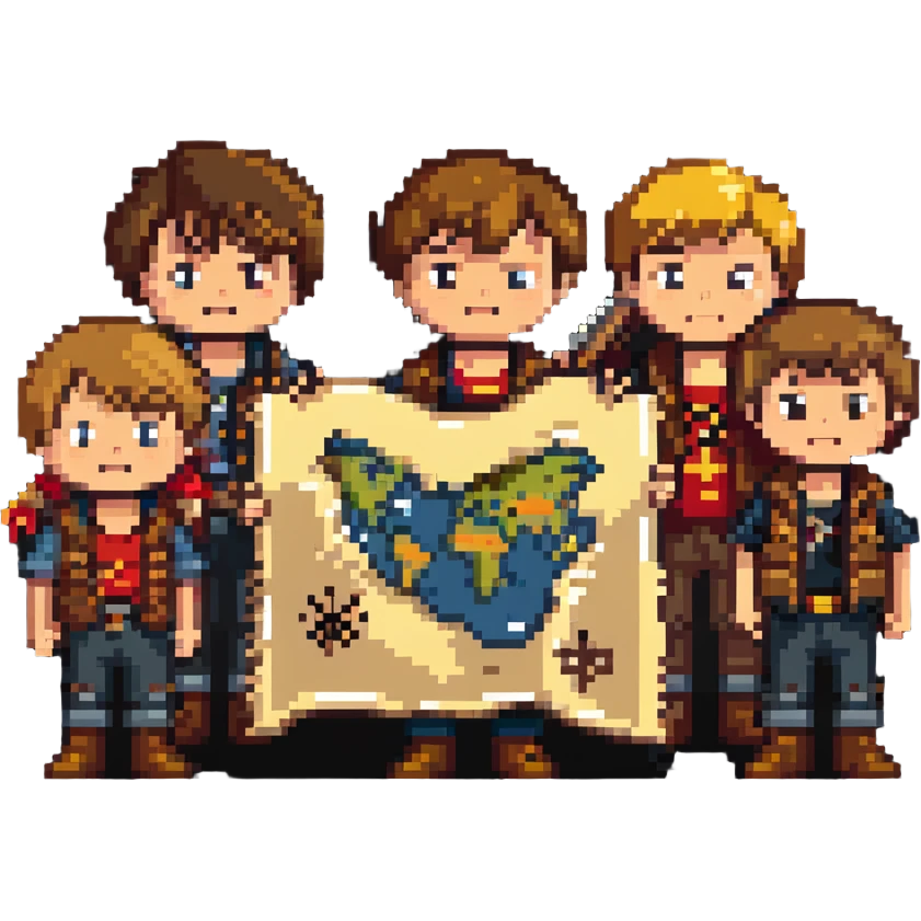 group of kids from the Goonies movie with treasure map emoji