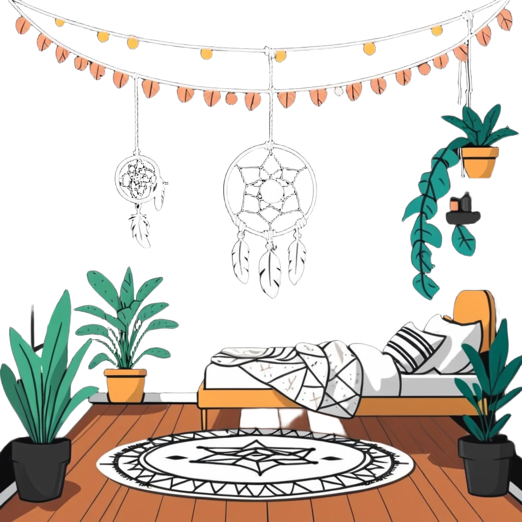 boho bedroom with hanging plants, dreamcatcher, fluffy rug, and string lights emoji