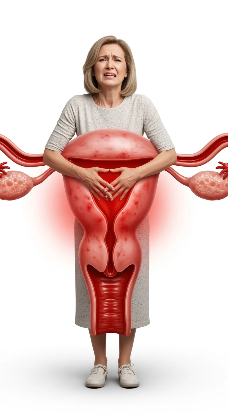 donna a figura intera con utero umano realistico in 3d in evidenza dolorante, espressione di dolore in volto, sfondo bianco, non farla computerizzata, ma iperrealistica 4k emoji