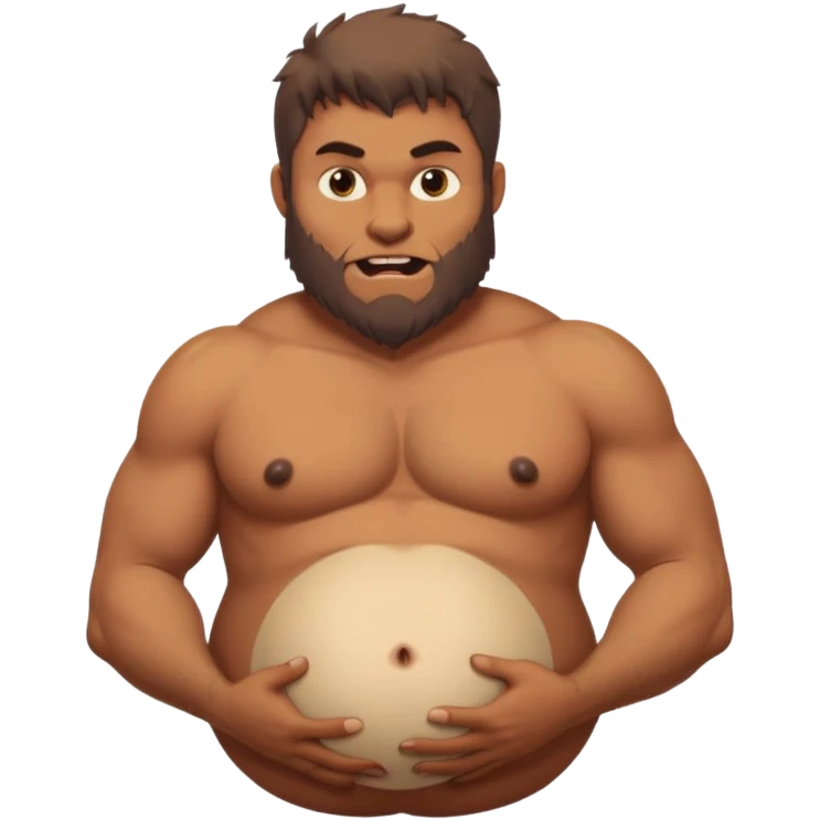 A shirtless pregnant burly male werewolf holding his pregnant belly, he has plump moobs and lactating nipples  emoji