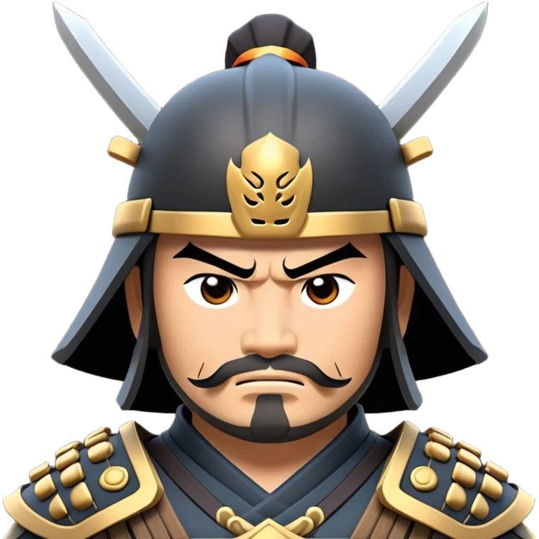 clash-of-clans-aesthetic_-cinematic-fearsome-and-majestic-samurai-bust-portrait-emoji, rendered in a flat, vector-style with minimal shading and bold, simplified shapes typical of emoji art, depicting a battle-hardened samurai with steely eyes and traditional black Japanese armor. The samurai is riding a noble grey warhorse adorned with an intricately designed saddle and fluttering banners, against a backdrop of cherry blossoms and a rising sun. emoji