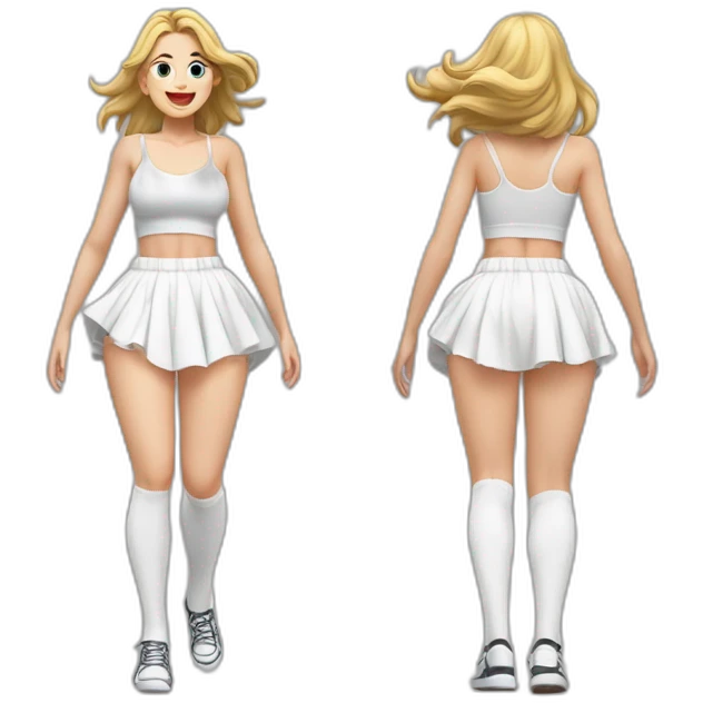 full-body-caucasian-curvy-beauty-jumping-short-black-skirt-back-and-front-views-strong-wind-white-knickers-long-white-socks emoji