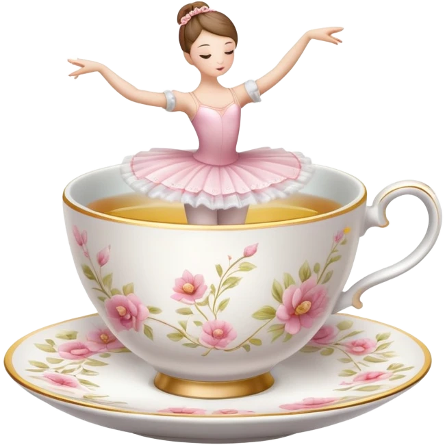 Porcelain tea cup with a floral pattern, steam rising, wearing a ballet tutu and in a graceful dance pose emoji