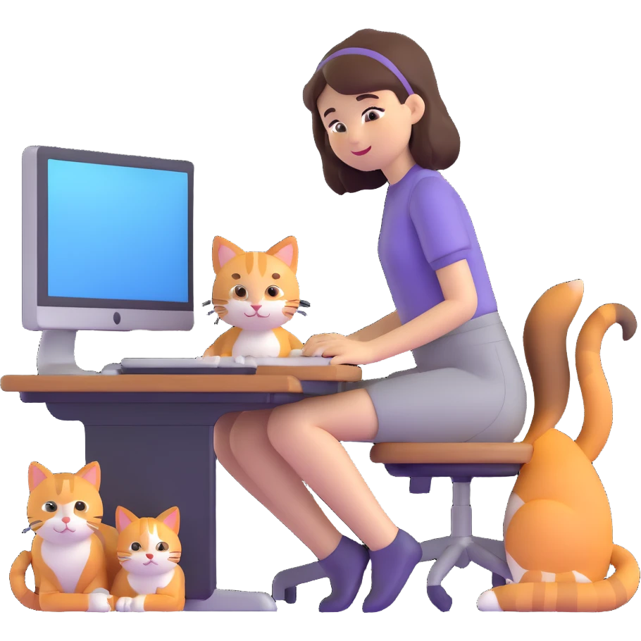 a girl at a desk with a computer with a cat lying beside the computer emoji