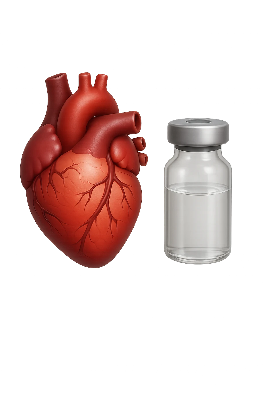 emoji stile iphone di cuore anatomico realistico in 3d che fluttua in aria insieme a una boccetta di fiala medica, FALLO MOLTO REALISTICO IN 3D emoji