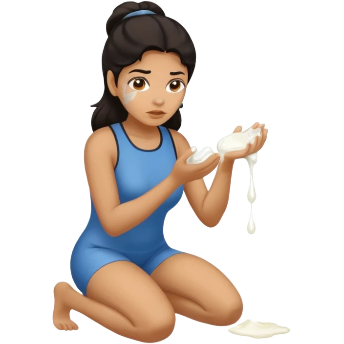 Kneeling Hispanic woman with sticky white liquid on face emoji