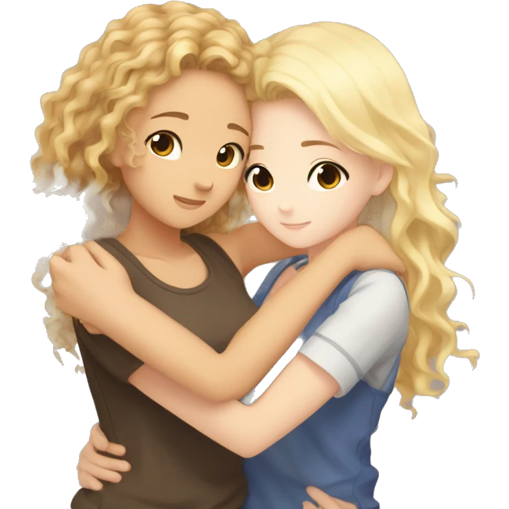 One girl with light skin withe brown curly hair and another girl with straight blonde hair hugging each other anime  emoji