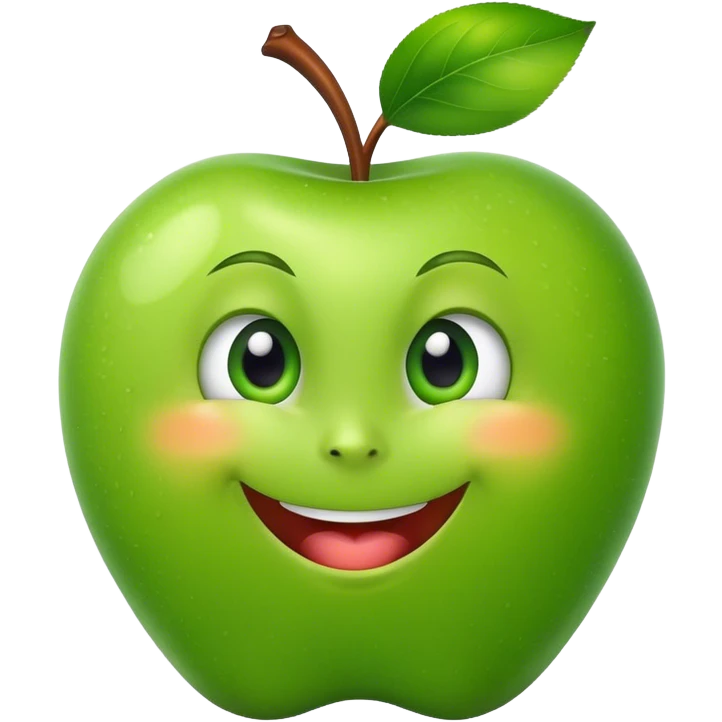 A green apple with a big smile and expressive eyes emoji