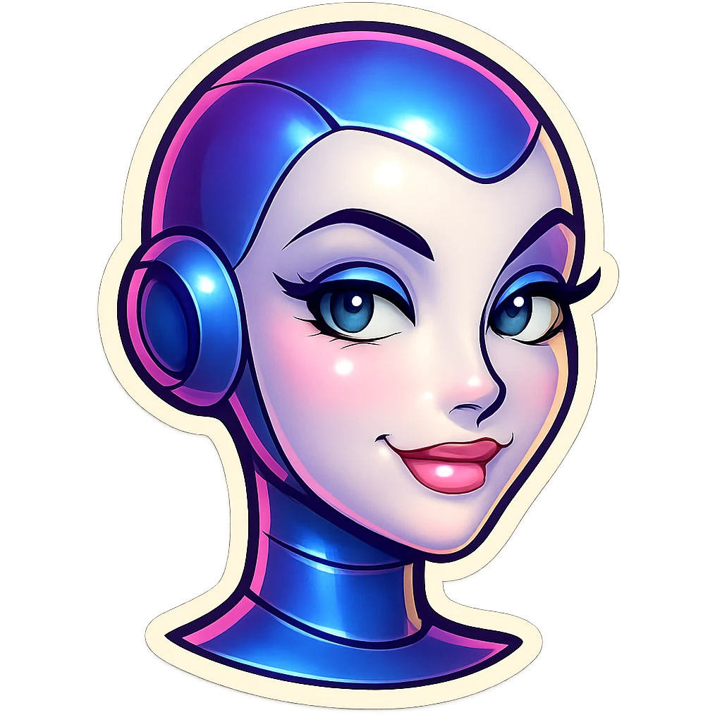 sexy but stylish female bot, Telegram sticker style, very pale skin, neat facial features, large expressive eyes, soft smile, light flirt expression, head only without neck, white background emoji