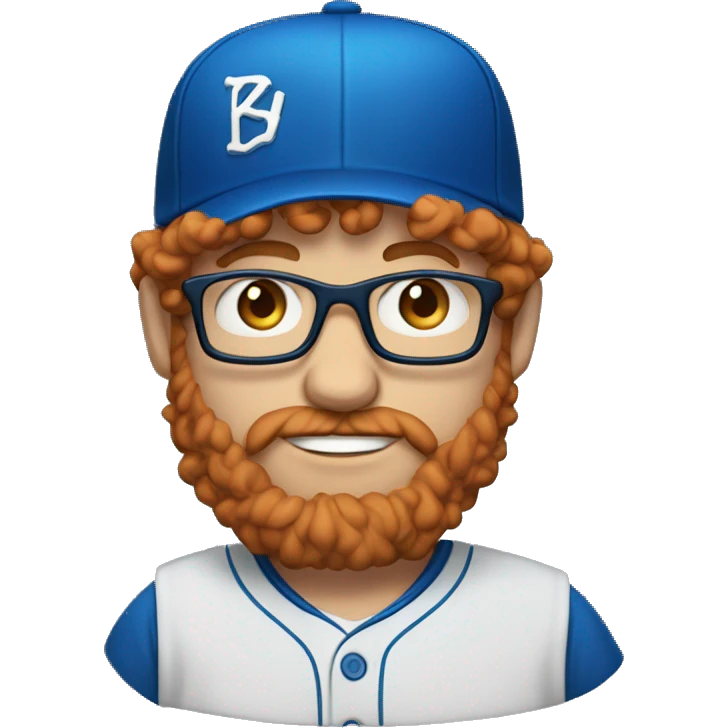 35 year old, male, short curly red hair, pale, thick beard, blue eyes, glasses, blue baseball hat emoji
