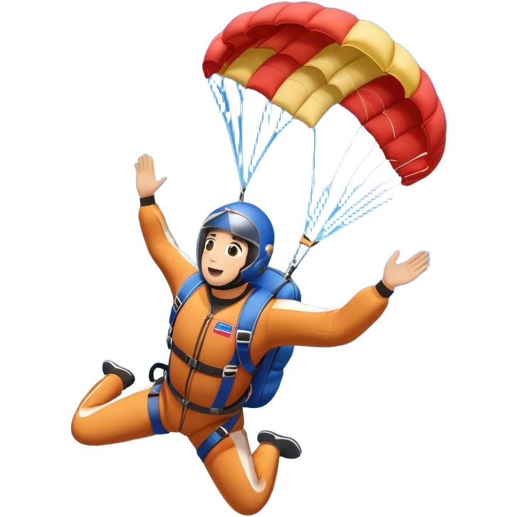 A skydiver free-falling with an open parachute against a bright blue sky. Below, a plane is seen flying off into the distance. The scene captures the thrill and freedom of skydiving, with a clear sky, soft clouds, and a sense of high-altitude adventure. emoji