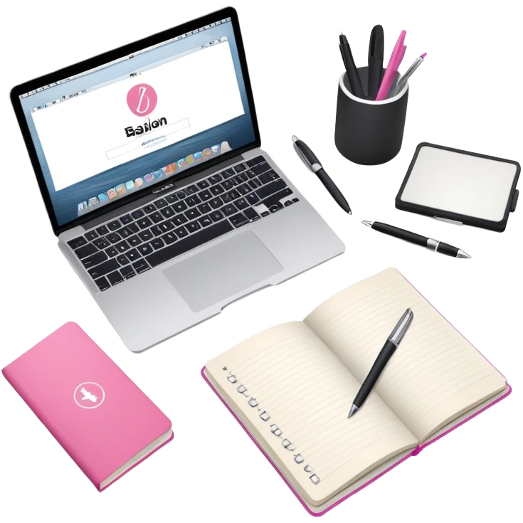top view of a MacBook with a beauty salon logo on the screen, a notebook with one page filled with notes, and a pen laying on the notebook emoji