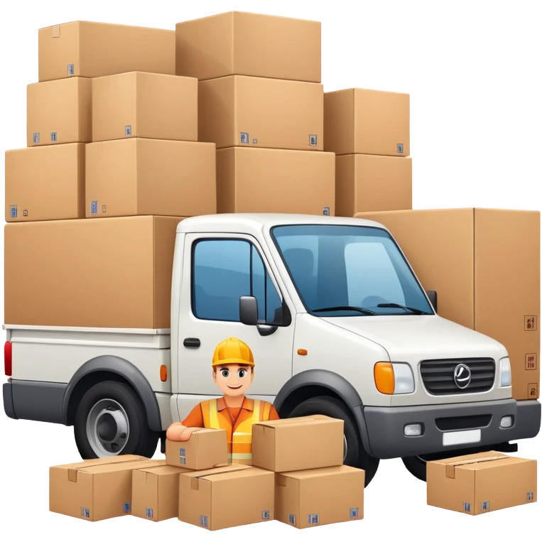 truck with a supplier in work uniform sitting inside, waving hi, cargo area overflowing with many boxes emoji