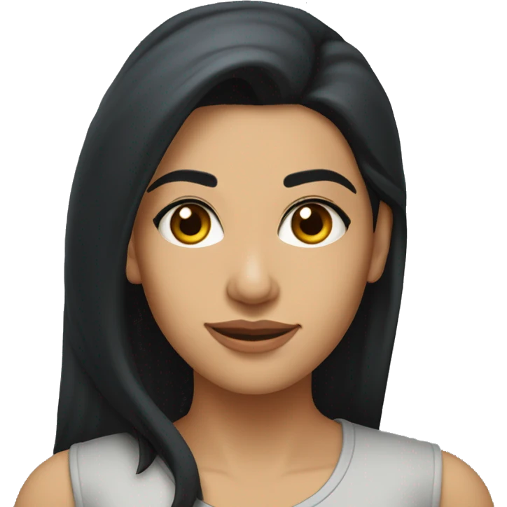 A head and shoulders shot of a 32 year old Middle Eastern woman, with long black hair,   with brown eyes wearing a t-shirt. emoji