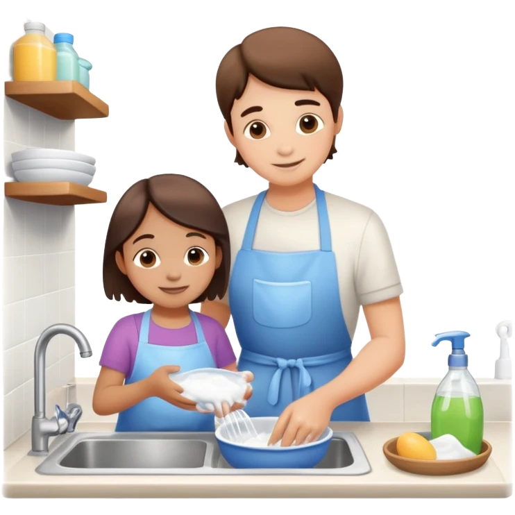 child and parent washing dishes together, friendly and caring emoji