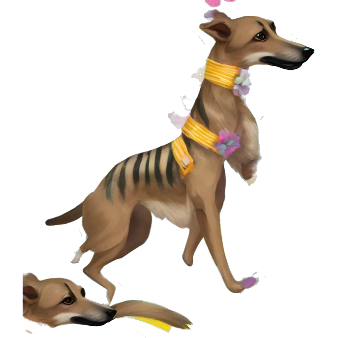  brindle brown black maroon striped lurcher Alsatian fox running blue eyes and iridescent holographic oilslick harness wearing paper iridescent tropical flower crown yellow caution tape emoji