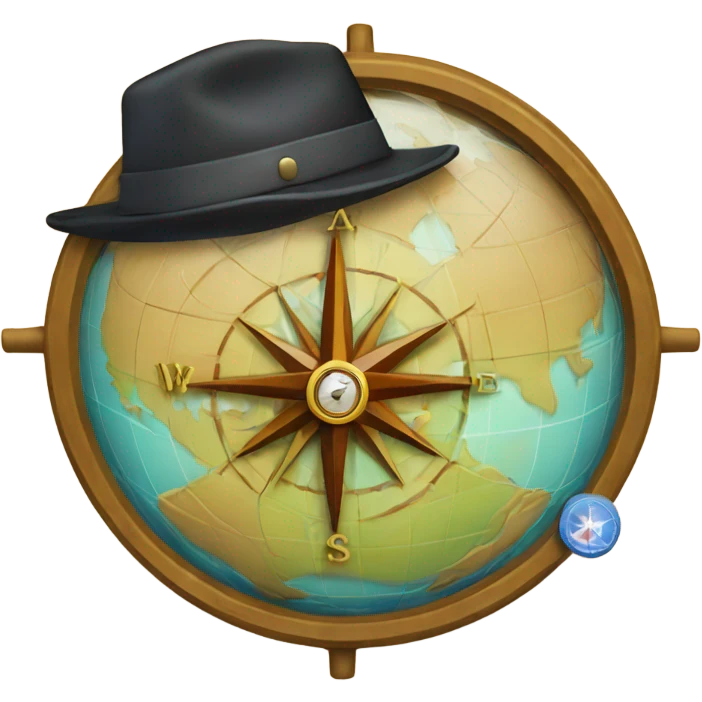 a compass with a hat traveling across the world emoji