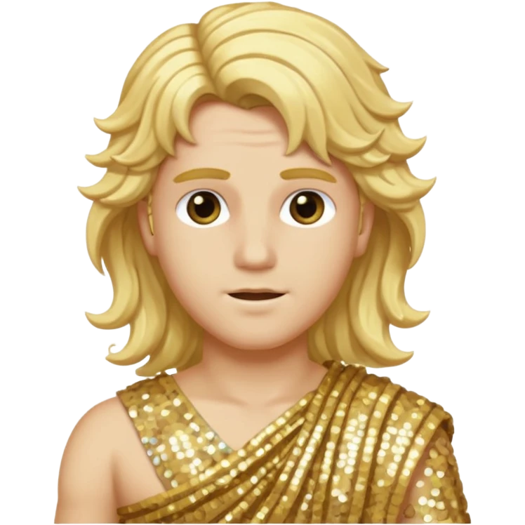 Apollo from Greek Gods with long blonde wavy hair, gold sequin toga emoji