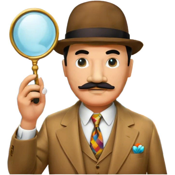 Icon for Detective Poirot: A colorful collage featuring Hercule Poirot in his iconic suit, with a mustache and a magnifying glass. Include a dark, mysterious city background and subtle clues like fingerprints or a crime scene. Retro movie poster style. Transparent background. emoji