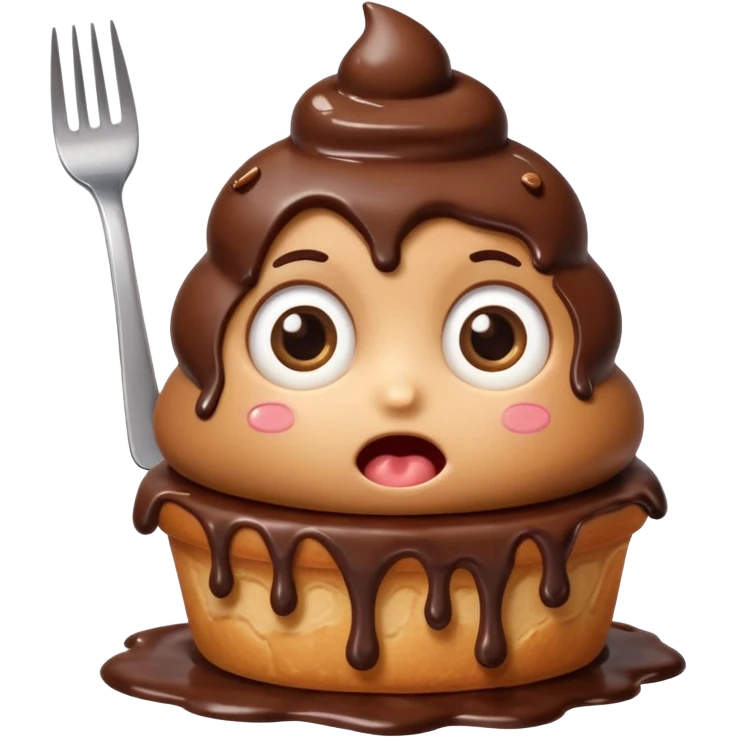Funny cartoon chocolate mini pastry, holding tiny fork, wide shocked eyes, messy chocolate dripping, chibi style, Twitch emoji style, transparent background, colorful
 emoji
