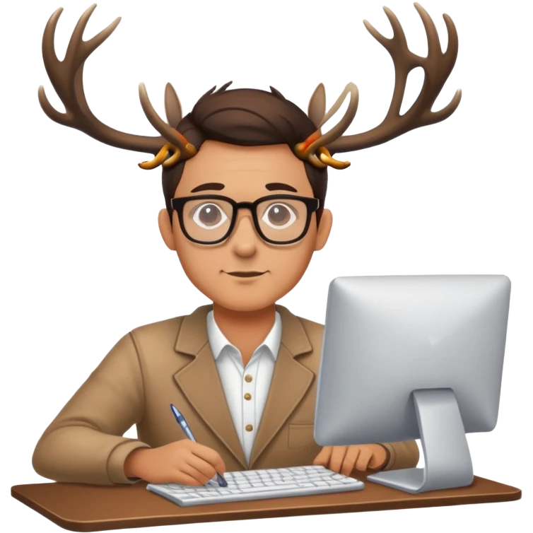 Guy works at computer with deers antlers  emoji