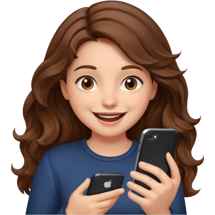 Girl with wavy brown hair Looking at phone and in love and she is excited and hot emoji