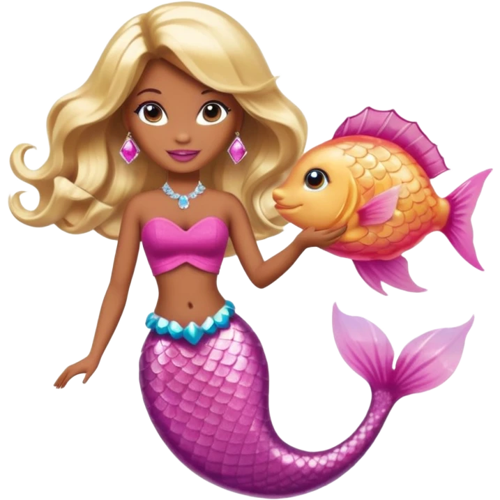 Brown skin blonde hair barbie mermaid with pink diamond tail  with pufferfish emoji