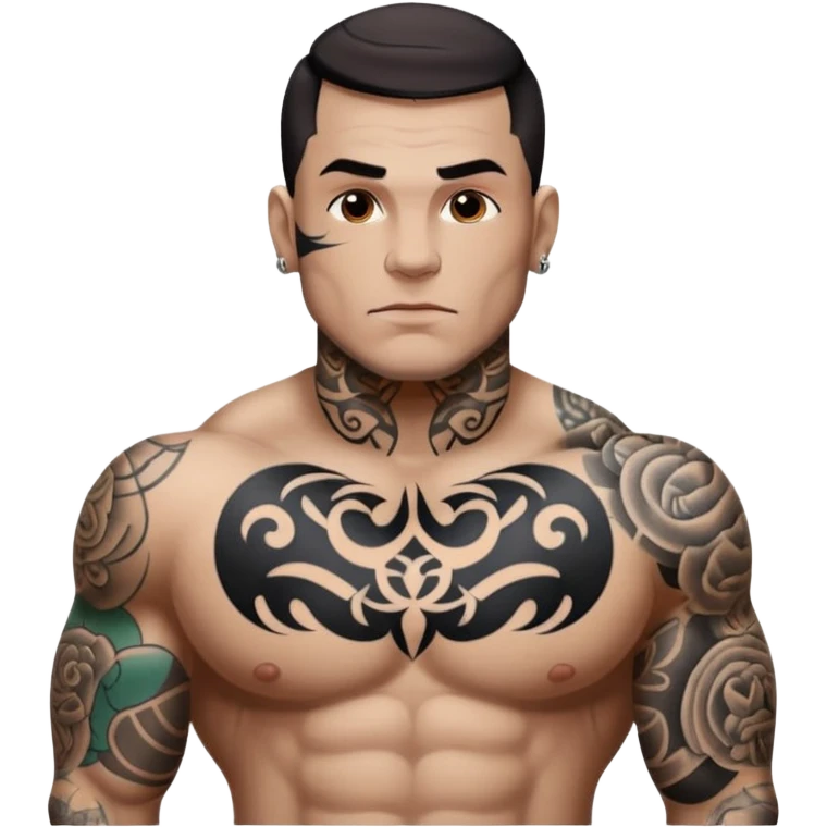 tattoo man, white skintone, more highlight the tattoo, body builder, heavy tattoos on fully chest, more tattoos on the body, more visible tattoo, big tattoos, tattoos on face. emoji