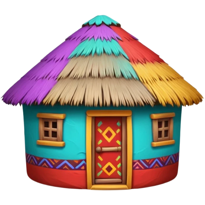African mud hut tribal house, round adobe clay hut, thatched roof, bright colorful paint, walls in turquoise, red, yellow, purple, tribal patterns, cute mobile game icon, 3D cartoon, soft shadows, clean background, no text, no watermark emoji