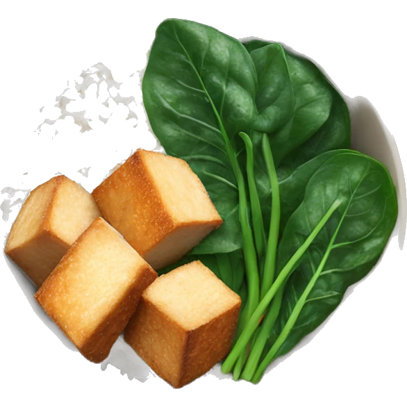 a bowl with white rice, crispy tofu and sliced spinach emoji