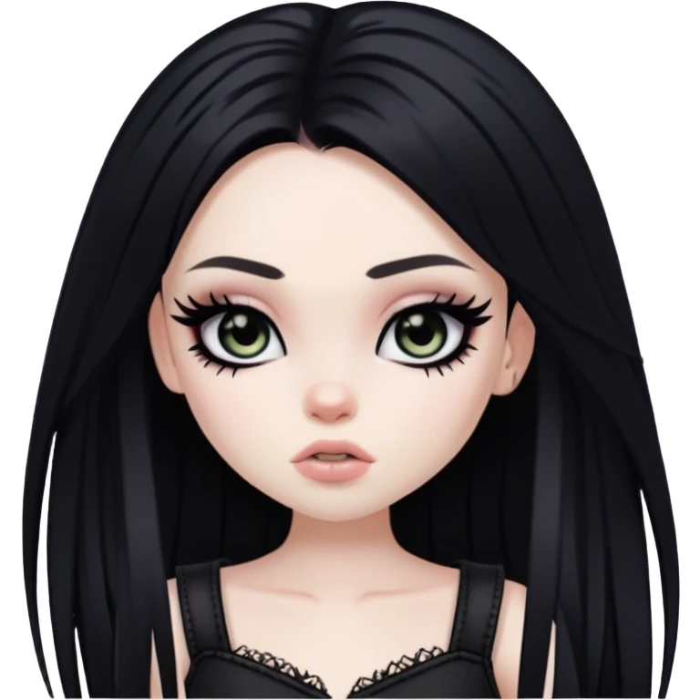 pretty bratz baddie, black emoneyeliner, pale skin, aesthetic emo, skinny, black long hair emoji