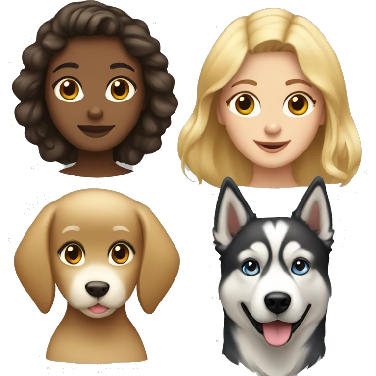 brunette girl, blonde girl, husky, and golden retriever emoji