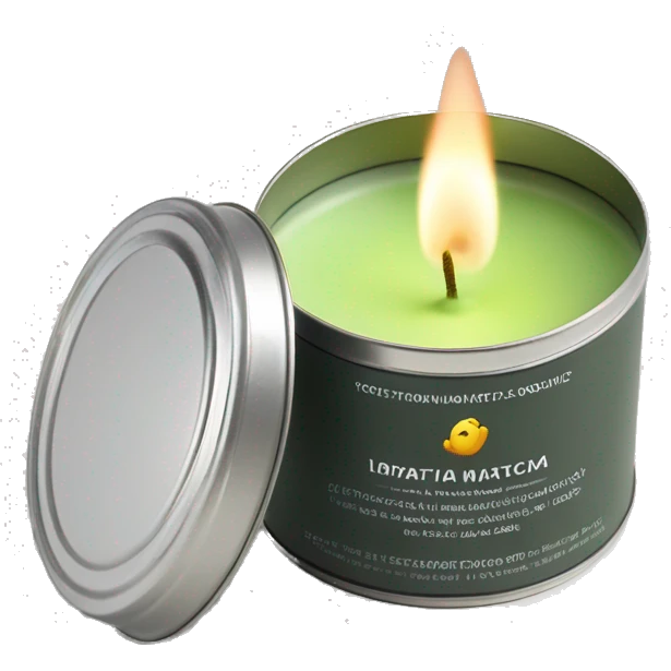 realistic, lit matcha scented candle, silver tin, small white label, text emoji