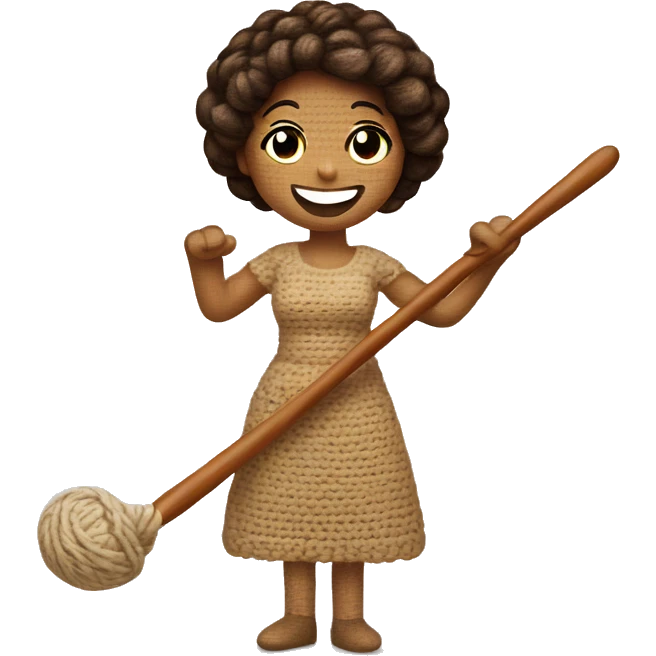 Smiling, waving woman riding a crochet hook emoji