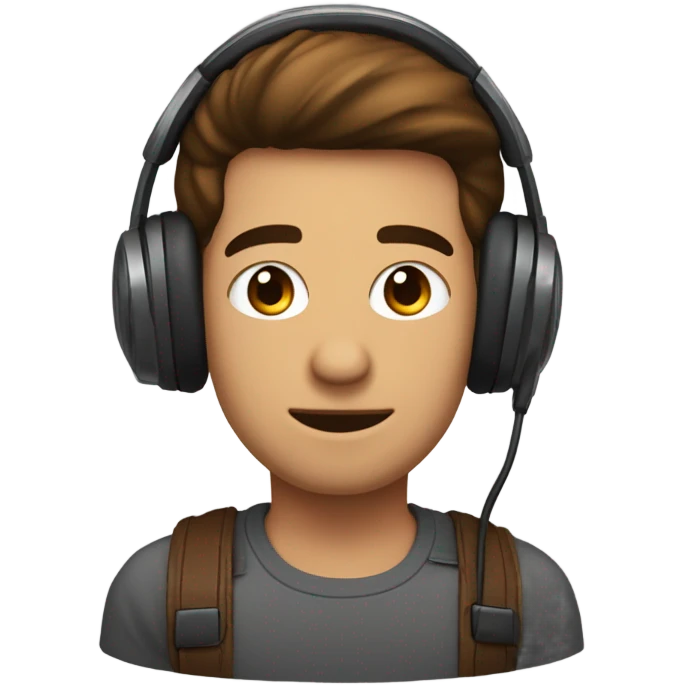 Homme brun, visage ovale, cheveux lisses avec un casque de gamer sur la tête, et des petits yeux marron emoji