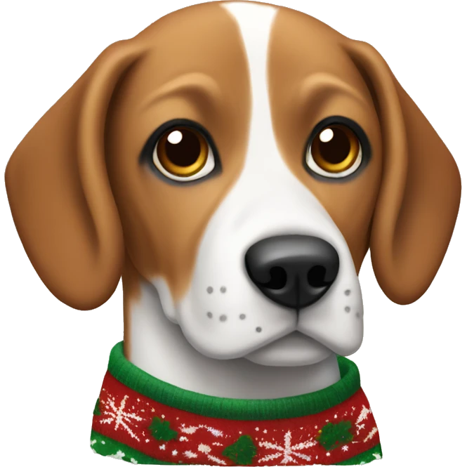 A brown and white beagle in a Christmas sweater emoji