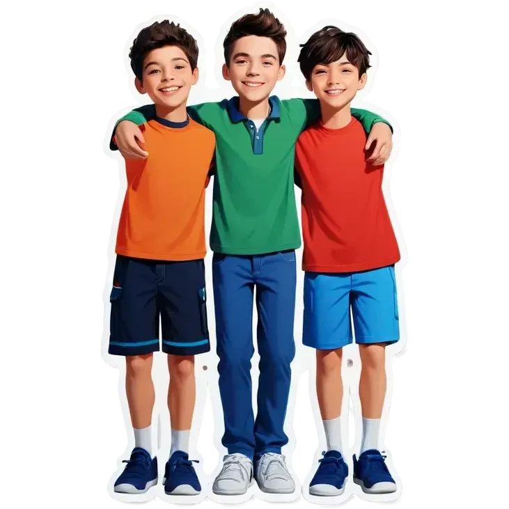 Three boys, side-by-side with the arms, stand emoji