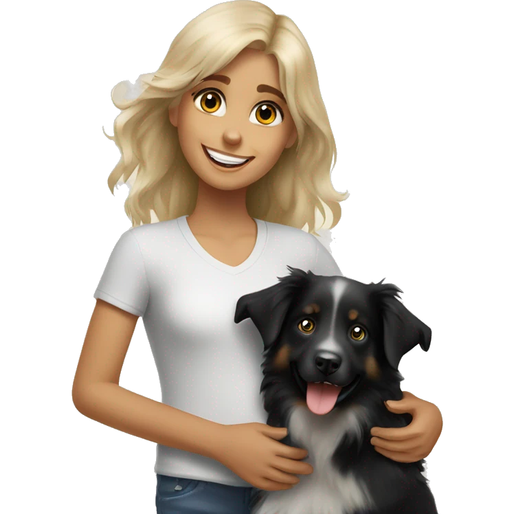 Blonde girl with happy black Australian shepherd puppy emoji