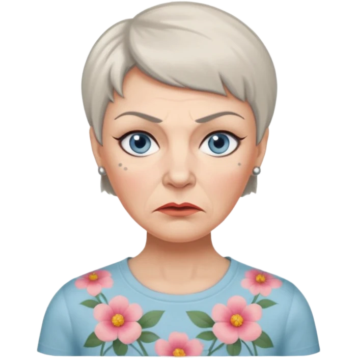 a angry woman in her 50s with bambi light blue eyes and pale tan with rosacea, greyish short hair and slim face, grey thin eyebrows, thin lips and flower pattern tshirt  emoji