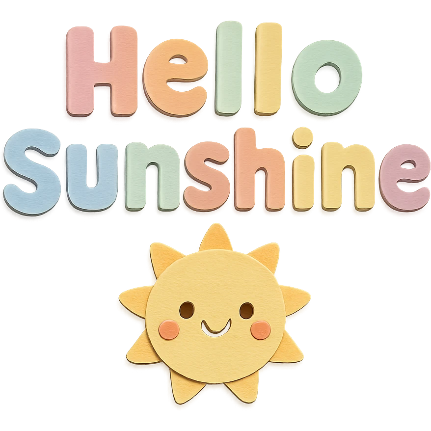 Soft pastel rainbow bold soft letters for "Hello Sunshine", kawaii sticker art, transparent PNG, no outline, paper craft style emoji