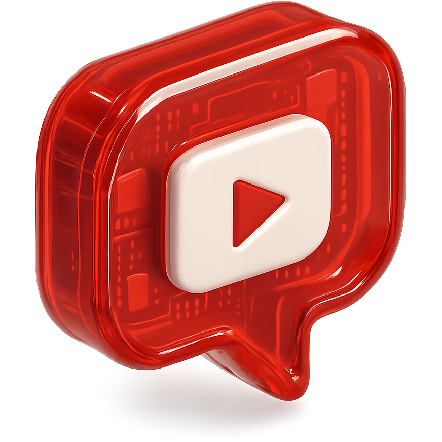 red speech bubble with inside a big red YouTube white play button, very glossy circuit style emoji