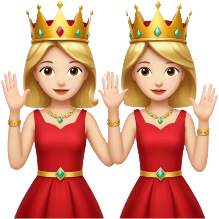 Two women wearing crowns and identical outfits giving each other a high five. emoji
