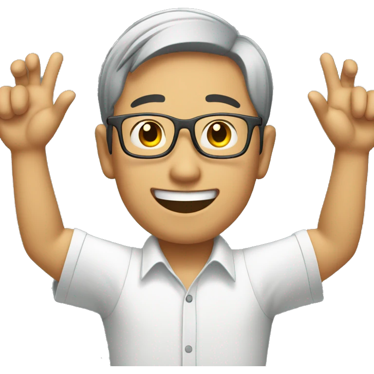 smiling young asian man who wearing glasses putting hands up emoji
