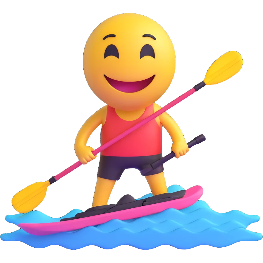 3D smiley emoji, round shape, with water skis, sporty face, transparent background (water skiing) emoji