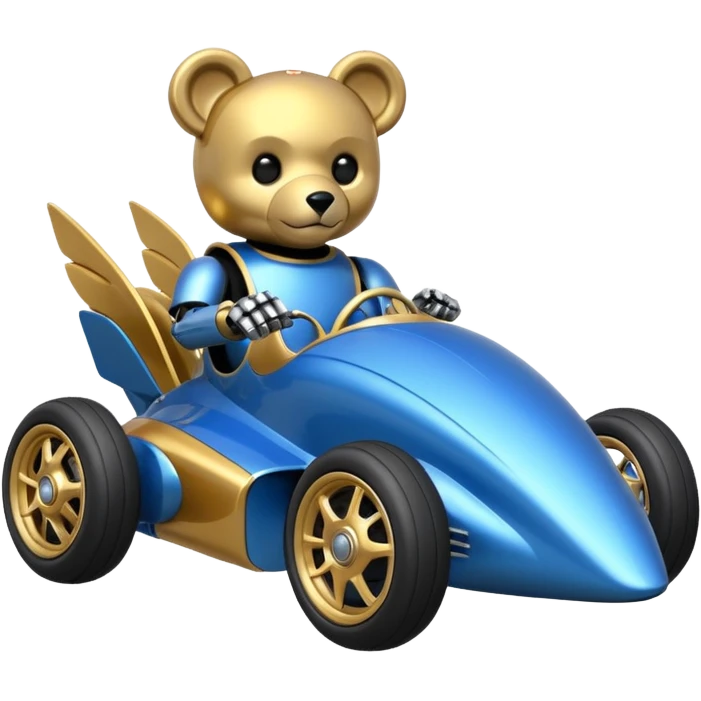  Metallic blue and gold-accented  kid-sized racing car for furry-faced evil scary robot teddy bear with custom aero body and rear wing and motorcycle-sized wheels  emoji