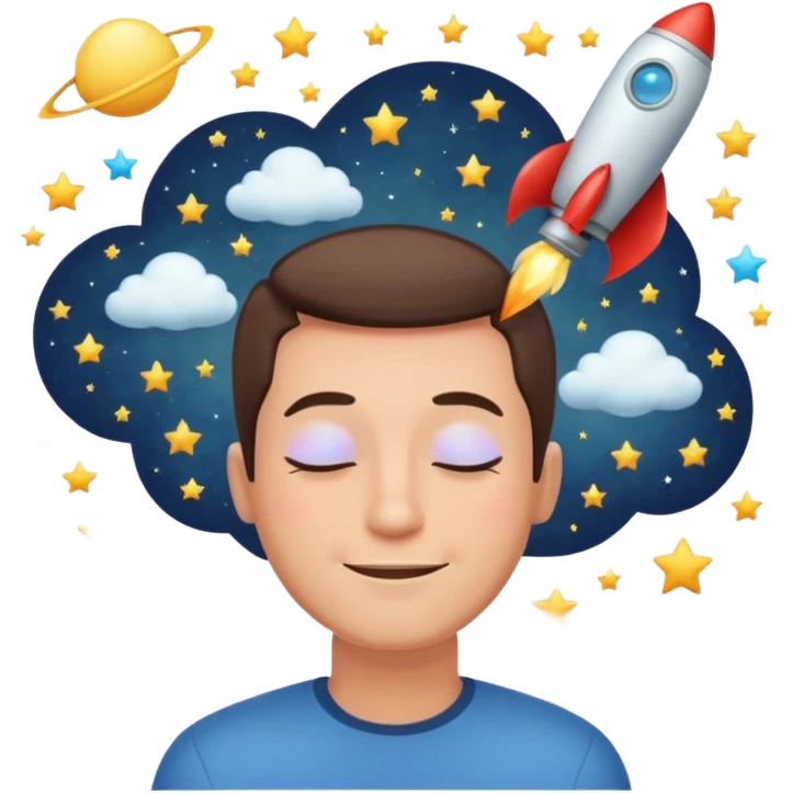 a man with closed eyes and a smile, dreaming of a rocket ship, thought bubble above head emoji