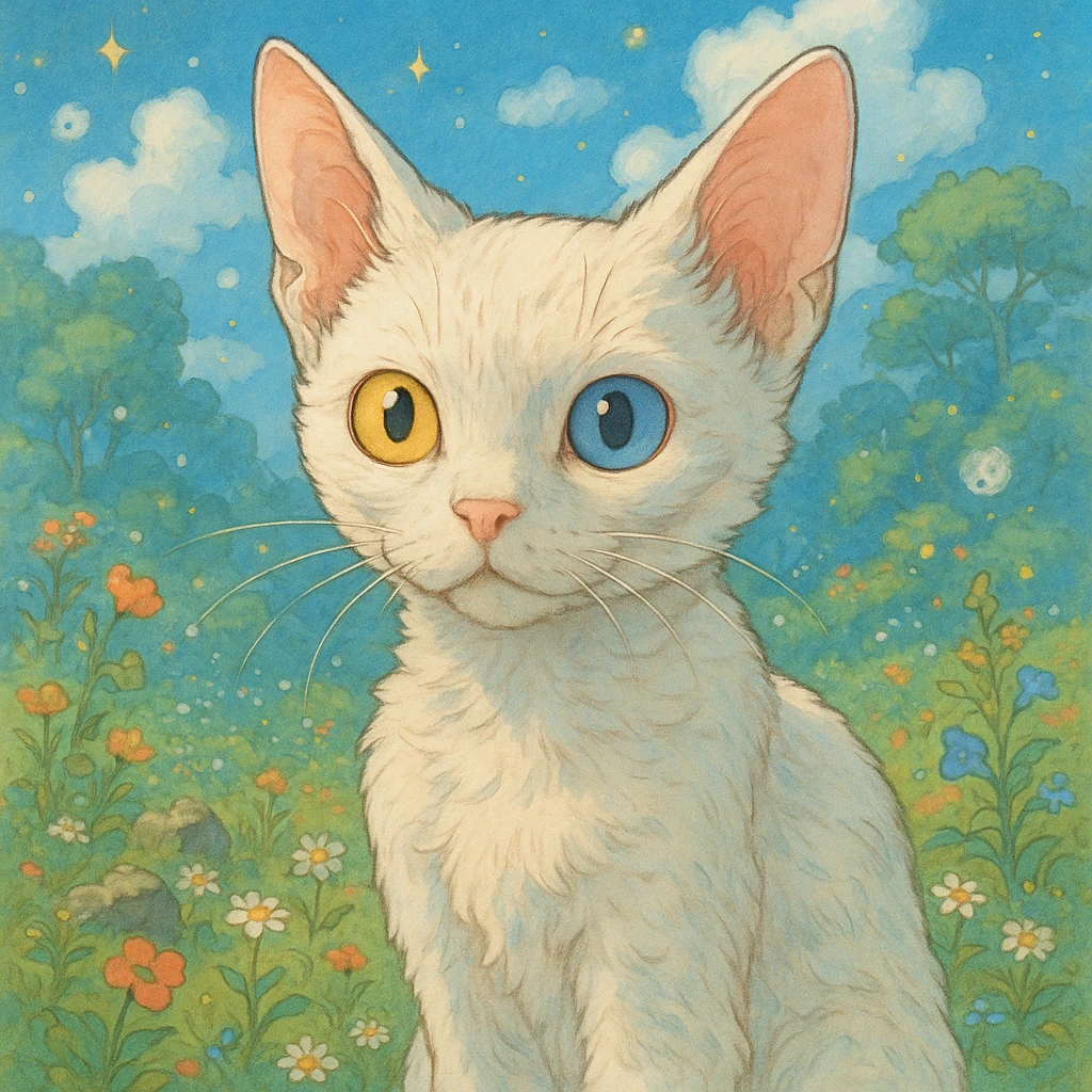 a white devon rex cat with one yellow and one blue eye each emoji
